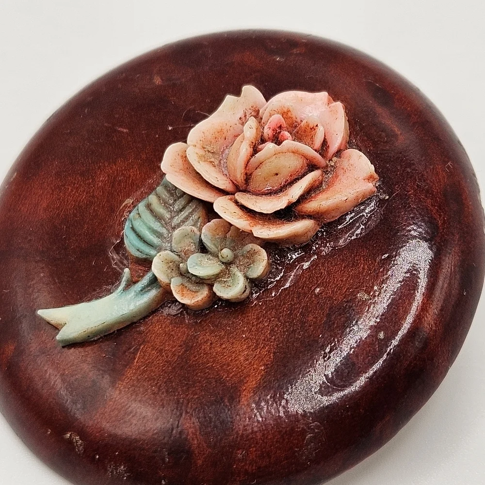 VINTAGE 3D Painted Pink Rose Flower Round Brooch Pin